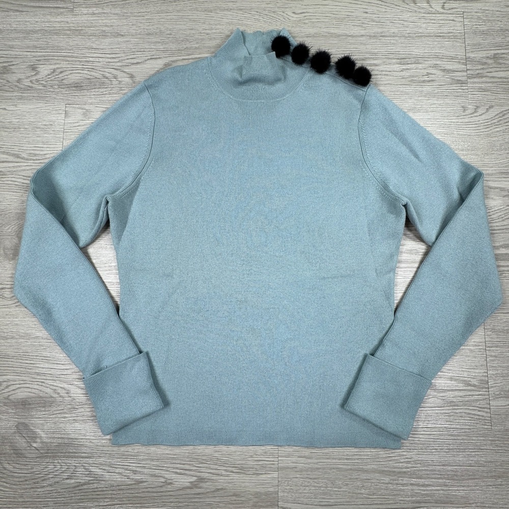 Carlisle Women Sweater Mock Neck Silk Cashmere‎ Blend Blue Small Pom Pom Trim